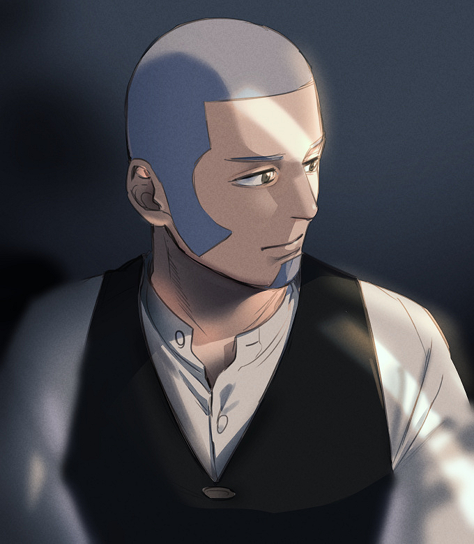 1boy black_vest blurry_foreground brown_eyes buzz_cut facial_hair foxvulpine goatee golden_kamuy grey_hair looking_to_the_side male_focus shiraishi_yoshitake shirt short_hair sideburns simple_background solo sunlight upper_body very_short_hair vest white_shirt