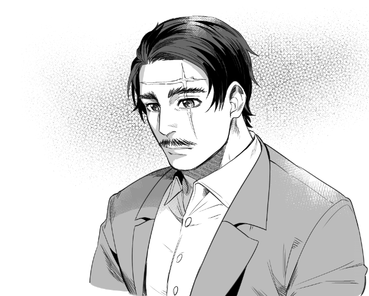 1boy collared_shirt commentary_request expressionless facial_hair formal foxvulpine golden_kamuy greyscale looking_down male_focus monochrome mustache scar_on_forehead shirt simple_background solo suit upper_body white_shirt wilk_(golden_kamuy)