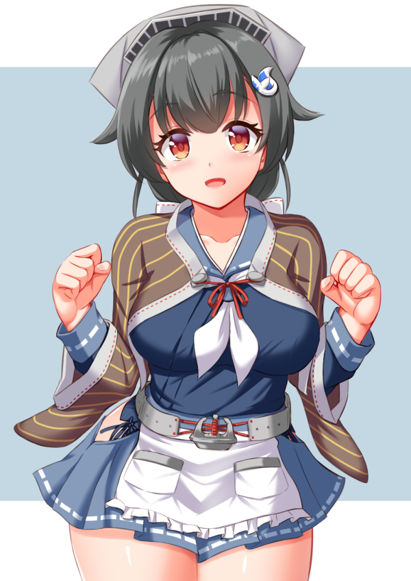 1girl apron arms_up bandana black_hair blue_background blue_sailor_collar blue_serafuku blue_skirt blush breasts eyebrows_visible_through_hair hair_between_eyes hair_flaps hair_ornament hairclip headgear jingei_(kantai_collection) kantai_collection large_breasts long_hair long_sleeves neckerchief open_mouth pleated_skirt red_eyes sailor_collar shawl short_hair skirt smile solo thighs tokyo_yamane two-tone_background waist_apron white_apron white_background white_neckwear