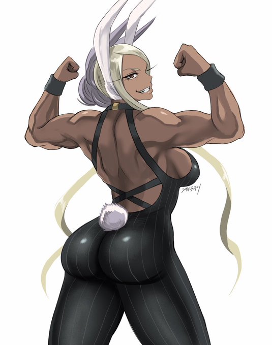 1girl animal_ears ass back blonde_hair boku_no_hero_academia brown_eyes bunny_tail clenched_hands dark_skin grin long_hair looking_at_viewer mirko muscle muscular_female one-piece_swimsuit rabbit_ears shibusun simple_background smile solo swimsuit tail white_background