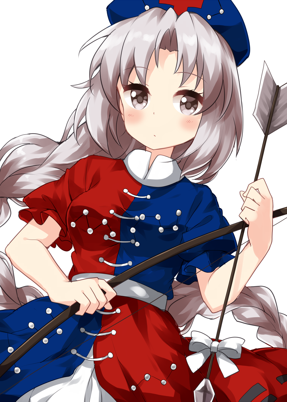 1girl arrow_(projectile) bangs belt black_skirt blue_dress blue_headwear bow bow_(weapon) braid closed_mouth constellation constellation_print dress eyebrows_visible_through_hair grey_eyes hat highres holding holding_arrow holding_bow long_hair looking_at_viewer multicolored multicolored_clothes multicolored_dress nurse_cap red_cross red_dress ribbon-trimmed_skirt ribbon_trim ruu_(tksymkw) short_sleeves silver_hair simple_background single_braid skirt smile solo standing touhou trigram two-tone_dress very_long_hair weapon white_background white_belt white_bow yagokoro_eirin