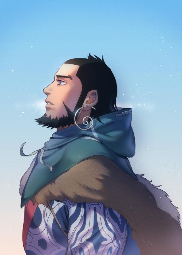 1boy ainu ainu_clothes beard black_eyes black_hair earrings facial_hair foxvulpine from_side fur_collar golden_kamuy hoop_earrings jewelry kiroranke looking_to_the_side male_focus simple_background snow solo upper_body winter_clothes
