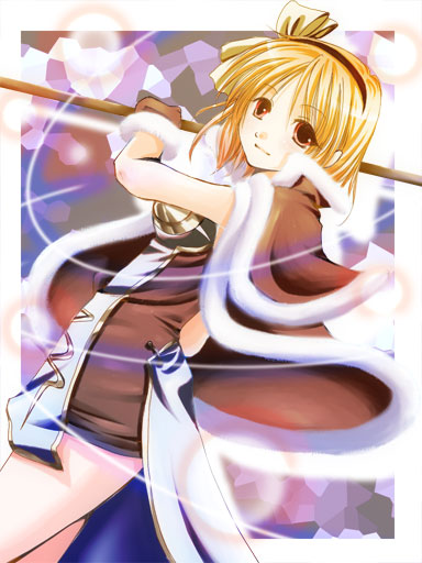 1girl bangs blonde_hair border bow bow_hairband brown_cape brown_dress brown_gloves cape closed_mouth commentary_request cowboy_shot dress dutch_angle eyebrows_visible_through_hair eyes_visible_through_hair fur-trimmed_cape fur-trimmed_gloves fur_trim gloves hachipocchi hairband high_wizard_(ragnarok_online) holding holding_staff looking_at_viewer looking_to_the_side orange_eyes ragnarok_online shiny shiny_hair short_dress short_hair solo staff standing two-tone_dress white_border white_dress yellow_bow