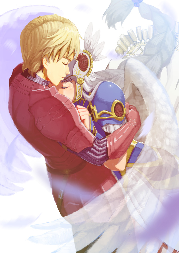 1boy 1girl armor blonde_hair blue_armor couple feathers gauntlets helmet hug lenneth_valkyrie long_hair lucian red_armor sakanaru short_hair silver_hair valkyrie valkyrie_profile winged_helmet