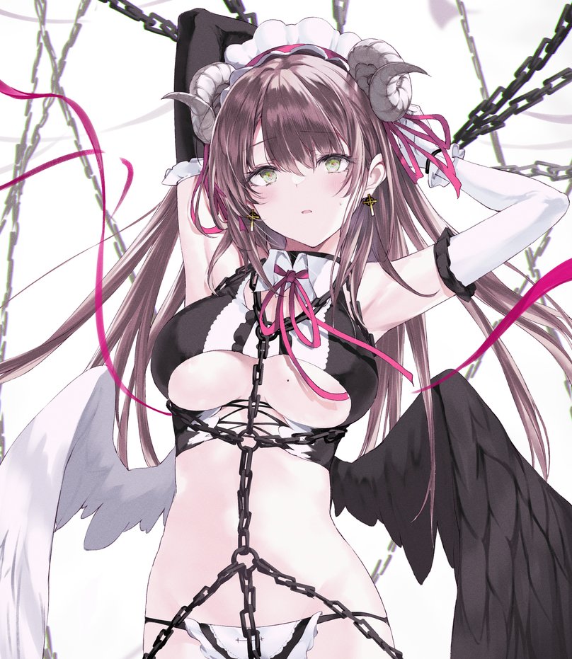 1girl angel_wings armpits arms_up bare_shoulders black_gloves black_shirt breasts brown_hair chain clothing_cutout cowboy_shot crop_top curled_horns demon_horns earrings elbow_gloves feathered_wings gloves green_eyes horns jewelry large_breasts long_hair looking_at_viewer midriff mole mole_on_breast nanananana neck_ribbon original panties parted_lips restrained ribbon shirt simple_background sleeveless sleeveless_shirt solo stomach string_panties under_boob underboob_cutout underwear white_background white_gloves wing_collar wings