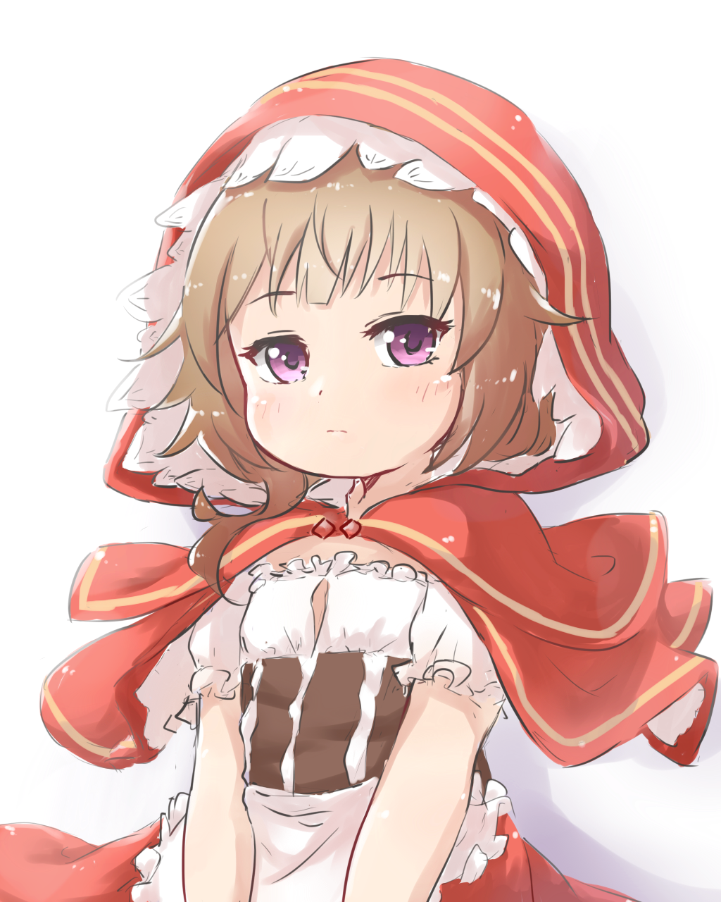 1girl baigao brown_hair capelet chinese_commentary commentary_request flat_chest frills granblue_fantasy highres hood hood_up hooded_capelet looking_at_viewer red_capelet renie short_hair short_sleeves simple_background solo upper_body violet_eyes white_background