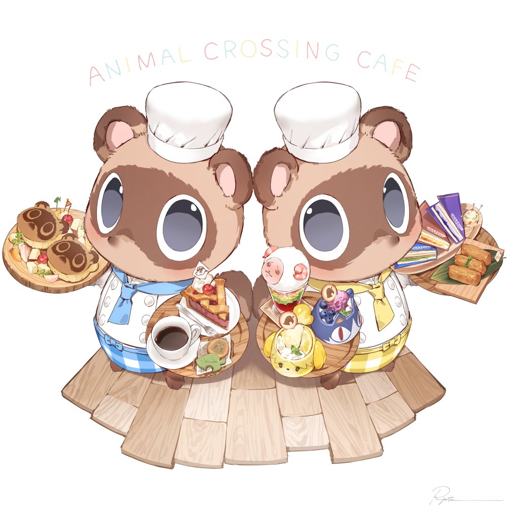 2boys animal_crossing apron blue_apron brewster_(animal_crossing) brothers cake cake_slice candy chef_hat chef_uniform cherry coffee copyright_name dom_(animal_crossing) eloise_(animal_crossing) food fork fruit grey_background hat holding isabelle_(animal_crossing) jacket looking_at_viewer multiple_boys neckerchief plate rover_(animal_crossing) ryota_(ry_o_ta) siblings simple_background timmy_(animal_crossing) tommy_(animal_crossing) twins white_jacket wooden_floor yellow_apron