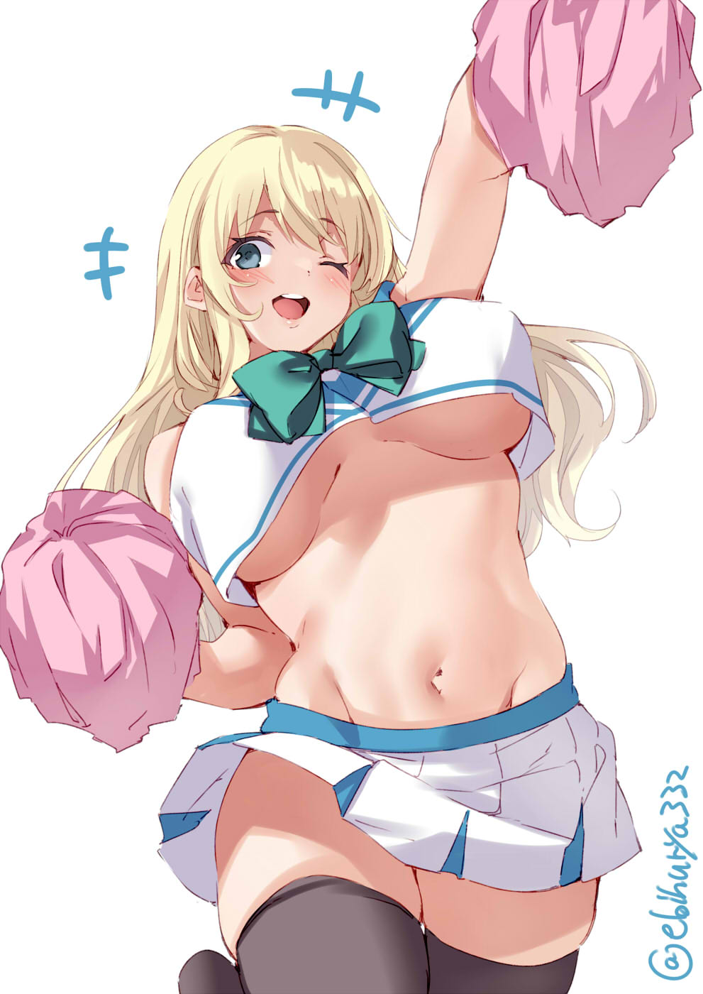 1girl atago_(kantai_collection) blonde_hair breasts cheering cheerleader cowboy_shot crop_top crop_top_overhang ebifurya grey_eyes highres holding holding_pom_poms kantai_collection large_breasts midriff navel one_eye_closed pom_poms simple_background skirt smile stomach thigh-highs thighs twitter_username under_boob white_background