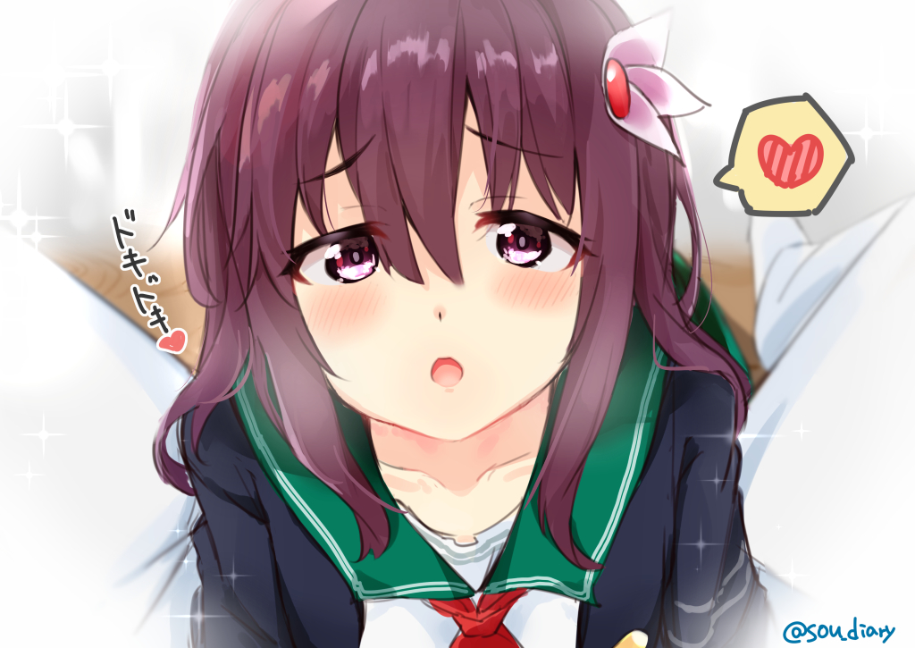 1girl :o admiral_(kantai_collection) bangs black_jacket blush brown_hair collarbone commentary_request eyebrows_visible_through_hair green_sailor_collar hair_between_eyes hair_ornament heart jacket kantai_collection kisaragi_(kantai_collection) long_hair looking_at_viewer open_clothes open_jacket open_mouth pants red_neckwear remodel_(kantai_collection) sailor_collar school_uniform serafuku shirt shoes solo_focus sou_(soutennkouchi) sparkle spoken_heart spread_legs translation_request twitter_username upper_body violet_eyes white_footwear white_pants white_shirt wooden_floor