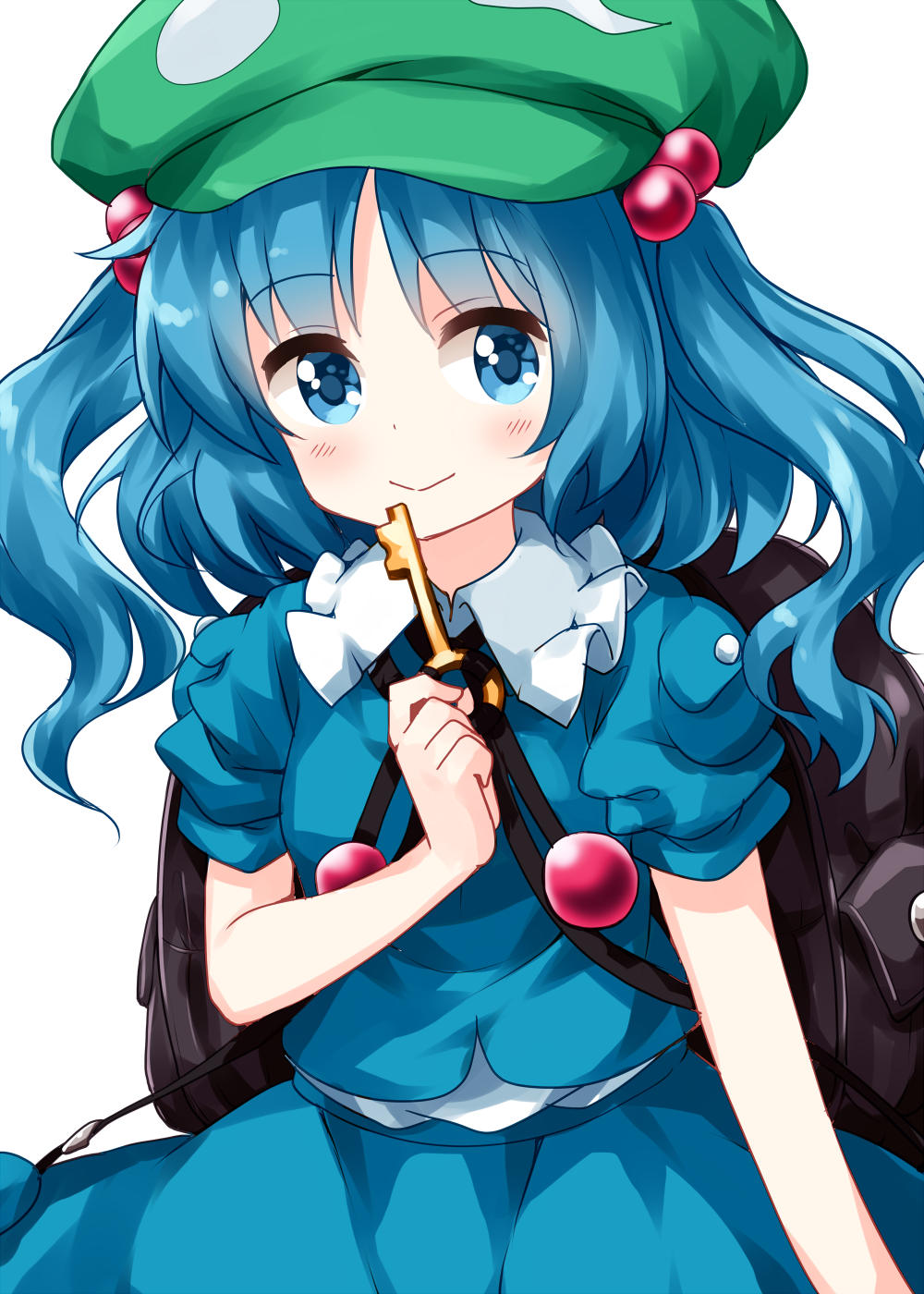 1girl backpack bag bangs blue_eyes blue_hair blue_skirt closed_mouth eyebrows_visible_through_hair flat_cap green_headwear hair_bobbles hair_ornament hat highres holding holding_key kawashiro_nitori key looking_at_viewer medium_hair pocket ruu_(tksymkw) shirt short_sleeves simple_background skirt skirt_set smile solo standing touhou twintails two_side_up white_background white_shirt