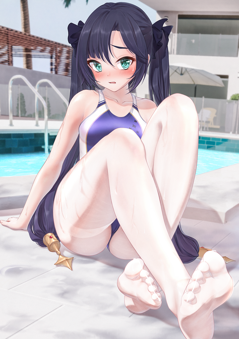 1girl alternate_costume aqua_eyes arm_support ass bae.c bare_arms bare_shoulders black_hair blush bow breasts competition_swimsuit feet fine_fabric_emphasis genshin_impact hair_bow highres knees_up long_hair looking_at_viewer medium_breasts mona_(genshin_impact) no_shoes nose_blush one-piece_swimsuit open_mouth pantyhose pool purple_swimsuit shiny shiny_clothes shiny_legwear sitting solo swimsuit thighband_pantyhose toes twintails very_long_hair white_legwear