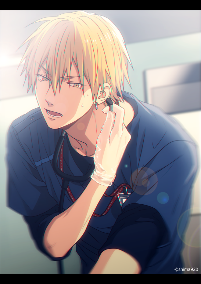 1boy bangs black_shirt blonde_hair blue_shirt blurry collarbone commentary_request depth_of_field doctor earrings gloves hair_between_eyes holding jewelry kise_ryouta kuroko_no_basuke latex latex_gloves lens_flare letterboxed looking_at_viewer lower_teeth male_focus mashima_shima open_mouth shirt short_hair short_sleeves solo stethoscope sweat twitter_username undershirt upper_body yellow_eyes