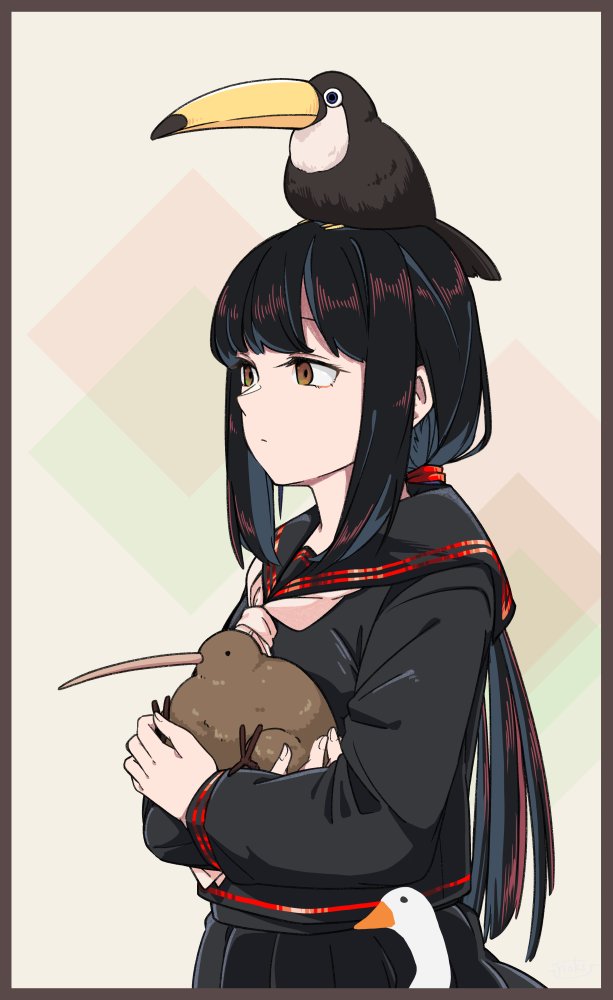 1girl animal animal_on_head bangs bird bird_on_head black_hair black_serafuku black_skirt border brown_eyes closed_mouth fujinoki_(horonabe-ken) goose holding holding_animal holding_bird kiwi long_hair long_sleeves low_twintails neckerchief on_head original pleated_skirt sailor_collar school_uniform serafuku sidelocks simple_background skirt toucan twintails upper_body