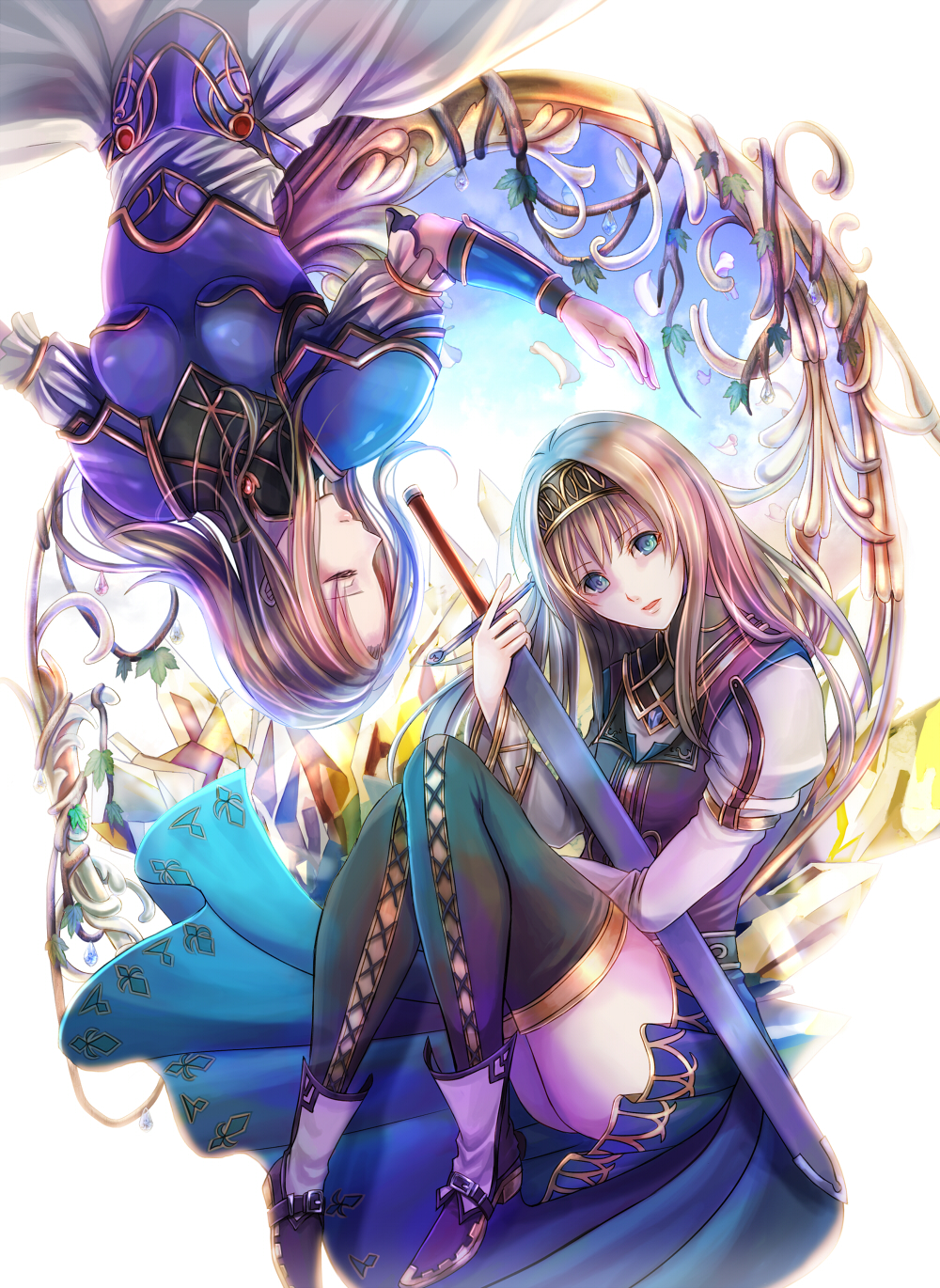 alicia_(valkyrie_profile_2) armor armored_dress blonde_hair blue_eyes highres holding holding_weapon long_hair shinrin_kusaba silmeria_valkyrie sword thigh-highs valkyrie valkyrie_profile valkyrie_profile_2 weapon