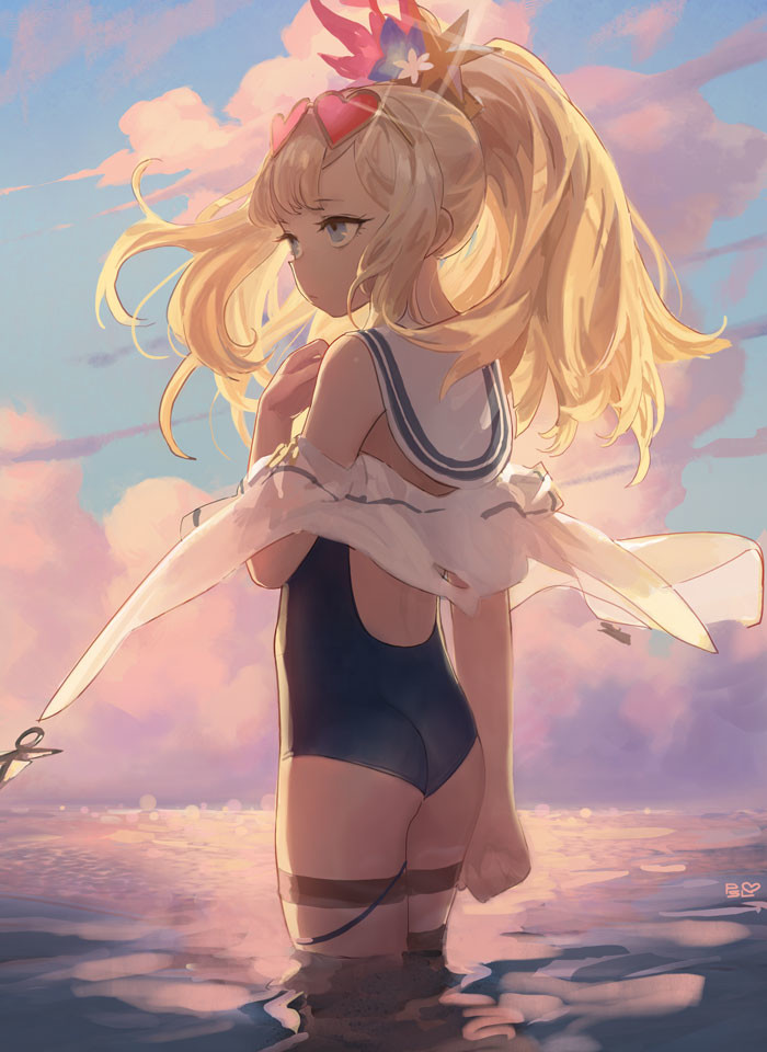 1girl ass blonde_hair blue_swimsuit cagliostro_(granblue_fantasy) closed_mouth clouds cumulonimbus_cloud day detached_collar from_behind granblue_fantasy hand_up heart heart-shaped_eyewear ocean one-piece_swimsuit outdoors ponytail pumpkinspicelatte red-tinted_eyewear sailor_collar signature solo standing sunglasses swimsuit thigh_strap wading water