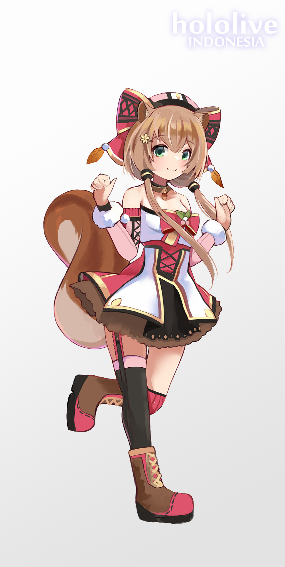 1girl adapted_costume animal_ears ayunda_risu bare_shoulders blush breasts brown_hair clenched_hands copyright_name green_eyes highres hololive hololive_indonesia idol_clothes kobi_(piliheros2000) looking_at_viewer medium_breasts short_twintails smile solo squirrel_ears squirrel_girl squirrel_tail standing standing_on_one_leg tail thigh-highs twintails virtual_youtuber