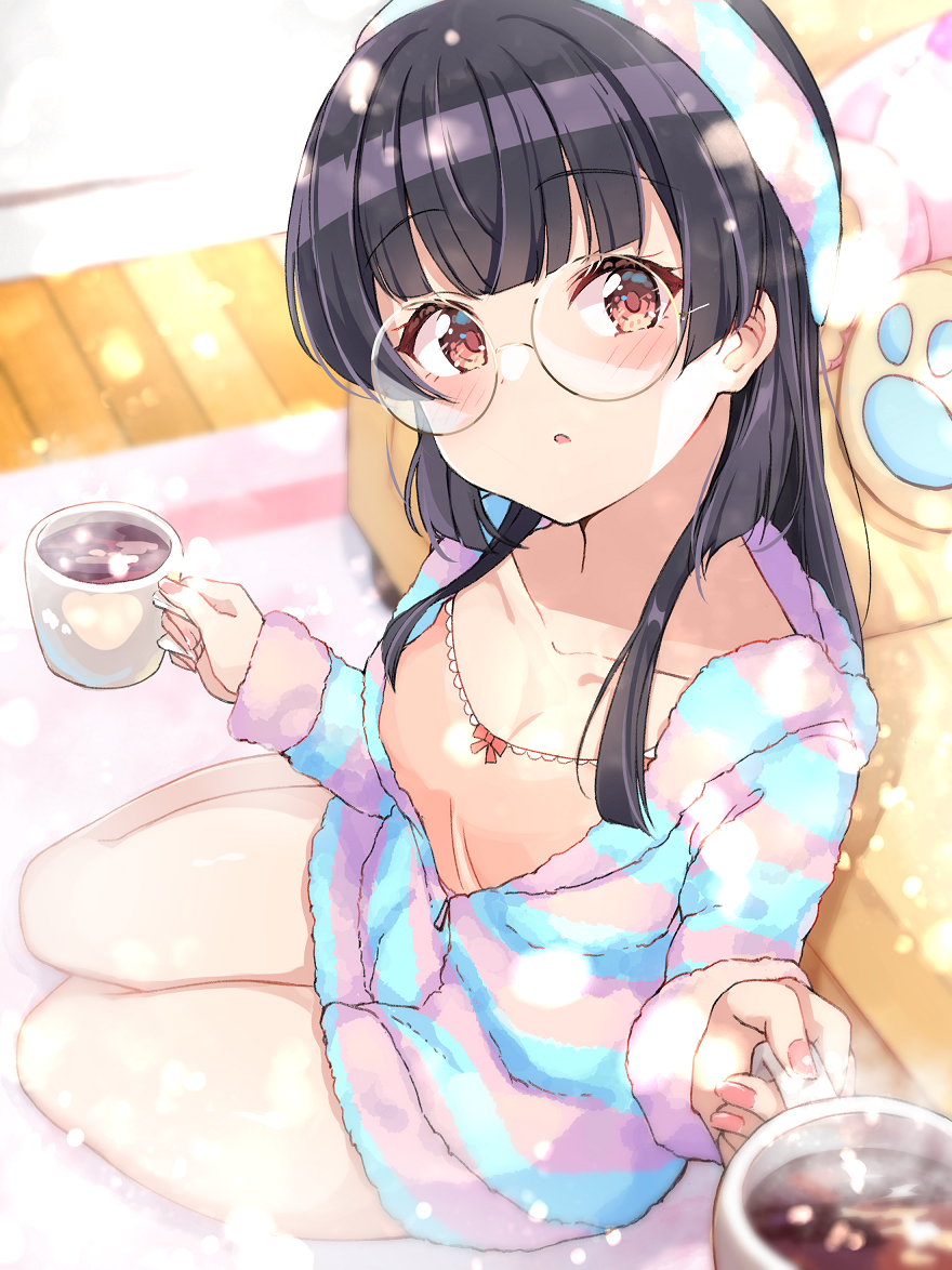 1girl bangs black_hair blurry blurry_background blush breasts brown_camisole camisole collarbone commentary_request couch cup depth_of_field eyebrows_visible_through_hair glasses hairband holding holding_cup hood hood_down hooded_jacket idolmaster idolmaster_shiny_colors jacket long_hair long_sleeves looking_at_viewer loungewear mayuzumi_fuyuko mug nail_polish parted_lips pink_nails red_eyes round_eyewear shiitake_taishi sleeves_past_wrists small_breasts solo striped_jacket stuffed_animal stuffed_toy wooden_floor