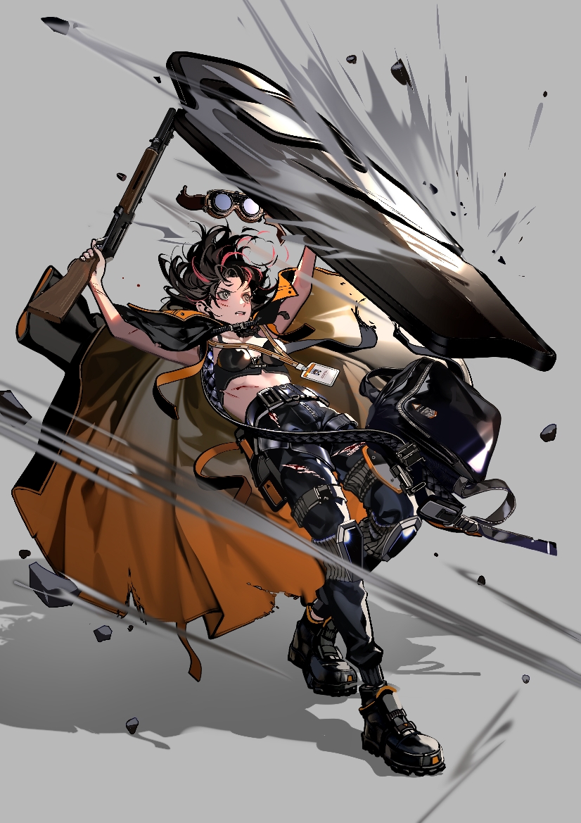1girl bag black_hair bloomers boots cape combat_boots cuts damaged falling girls_frontline goggles goggles_removed gun hk512_(girls_frontline) holding holding_gun holding_weapon injury midriff name_tag pants shield short_hair shotgun simple_background solo tuotuo underwear weapon