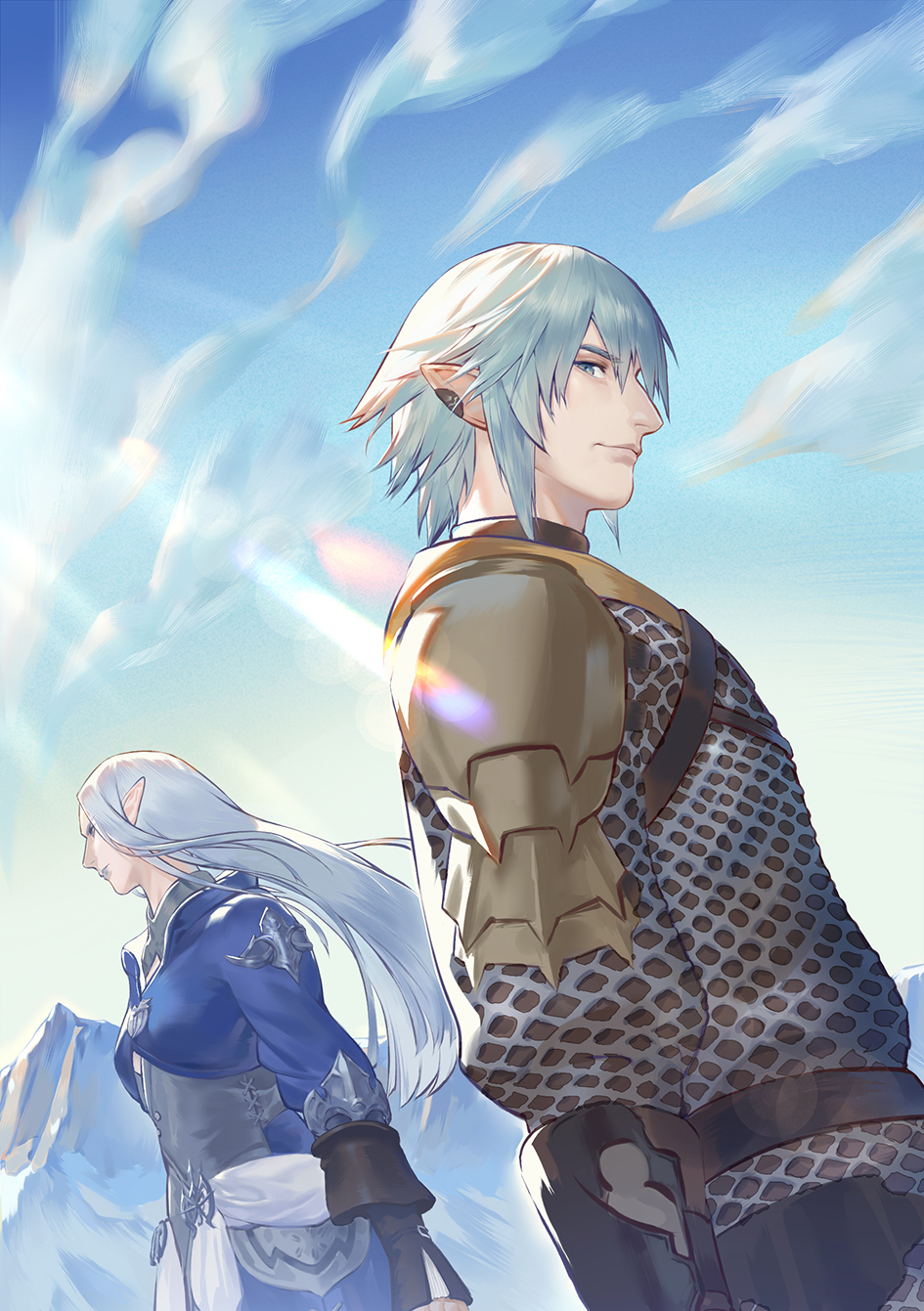 1boy 1girl armor blue_lipstick chainmail closed_mouth clouds cloudy_sky cold earrings elezen elf final_fantasy final_fantasy_xiv grey_eyes haurchefant_greystone highres jewelry light_rays lipstick lmj961106 long_hair looking_at_viewer makeup mountain outdoors pauldrons pointy_ears shoulder_armor sky smile snow standing turtleneck white_hair ysayle_dangoulain