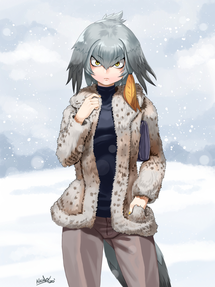 1girl alternate_costume bangs bird_tail black_hair casual closed_mouth commission contemporary day expressionless eyebrows_visible_through_hair fur-trimmed_jacket fur_trim grey_hair hair_between_eyes hair_intakes hand_in_pocket hand_up jacket kemono_friends kikino long_hair long_sleeves looking_at_viewer multicolored_hair open_clothes open_jacket orange_hair outdoors pants shoebill_(kemono_friends) sidelocks signature snow snowing solo sweater tail yellow_eyes