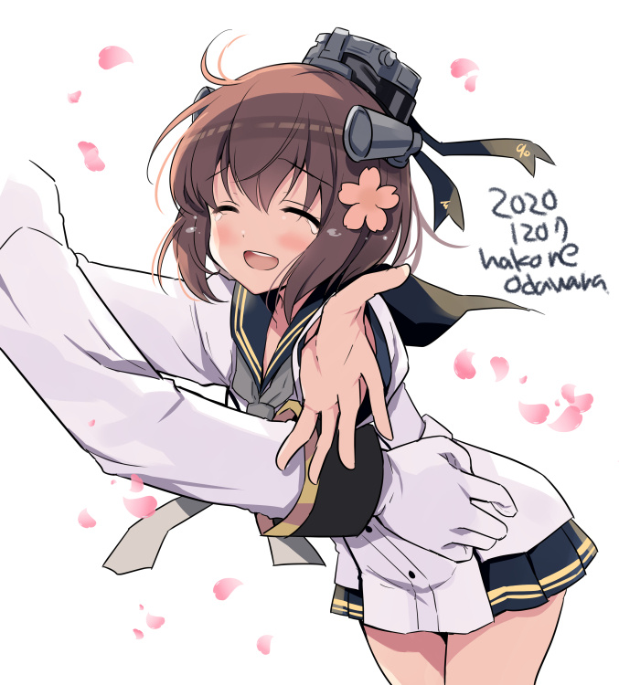 1boy 1girl admiral_(kantai_collection) blue_sailor_collar blush brown_hair closed_eyes cowboy_shot dated dress flower grey_neckwear hair_flower hair_ornament kantai_collection long_sleeves neckerchief odawara_hakone open_mouth petals pink_flower remodel_(kantai_collection) sailor_collar sailor_dress short_hair simple_background smile twitter_username upper_body white_background white_dress yukikaze_(kantai_collection)