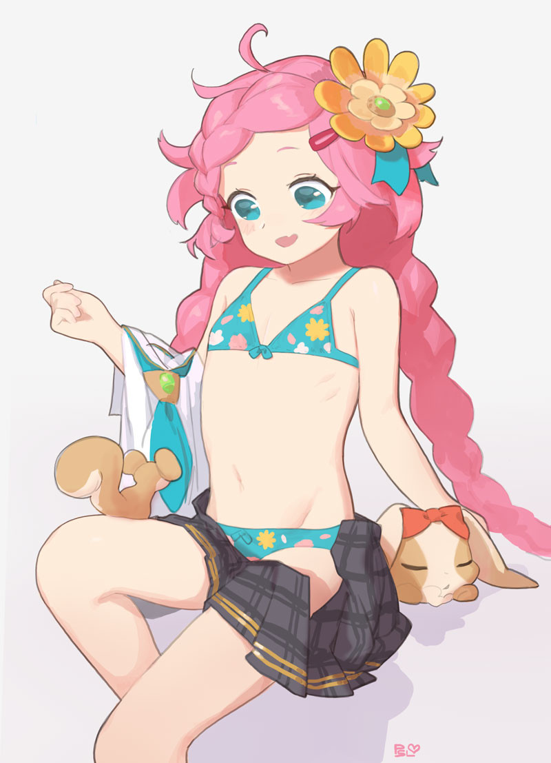 1girl :d bikini blue_bikini blue_eyes blue_neckwear braid child dragalia_lost fang flat_chest flower grey_skirt hair_flower hair_ornament hairclip hand_up long_hair maribelle_(dragalia_lost) navel necktie necktie_removed open_clothes open_mouth open_skirt pink_hair pumpkinspicelatte rabbit shirt_removed signature simple_background sitting skin_fang skirt smile solo squirrel swimsuit twin_braids white_background yellow_flower