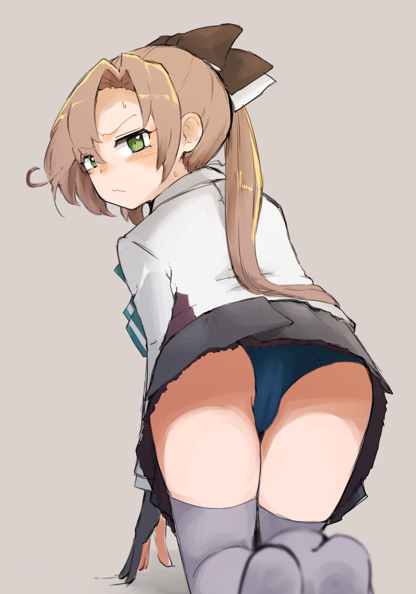 1girl akigumo_(kantai_collection) all_fours black_gloves blazer blue_panties brown_hair commentary_request dova dress from_behind gloves green_eyes grey_background grey_dress grey_legwear hair_ribbon highres jacket kantai_collection long_hair looking_at_viewer looking_back panties partially_fingerless_gloves ponytail remodel_(kantai_collection) ribbon school_uniform simple_background solo thigh-highs underwear upskirt