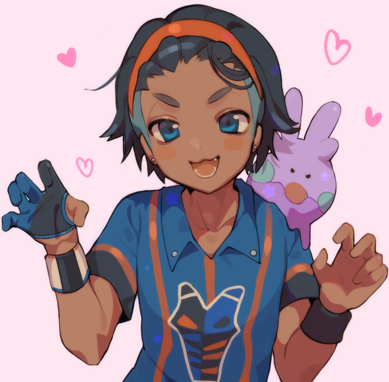 1boy black_hair black_wristband blue_eyes blush chariko claw_pose collared_shirt cosplay dynamax_band earrings gen_6_pokemon gloves goomy gym_trainer_(pokemon) gym_trainer_(pokemon)_(cosplay) hairband hands_up heart jewelry looking_at_viewer on_shoulder open_mouth orange_hairband pink_background pokemon pokemon_(creature) pokemon_(game) pokemon_on_shoulder pokemon_swsh raihan_(pokemon) shirt short_hair short_sleeves single_glove symbol_commentary teeth tongue upper_body wristband younger