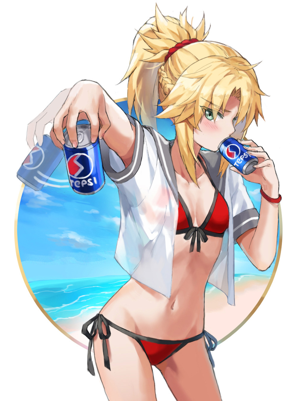 1girl afterimage bangs beach bikini blue_sky blush braid brand_name_imitation breasts can collarbone drinking fate/grand_order fate_(series) french_braid green_eyes hair_ornament hair_scrunchie highres long_hair looking_at_viewer mordred_(fate)_(all) mordred_(swimsuit_rider)_(fate) navel open_clothes open_shirt parted_bangs pepsi ponytail red_bikini red_scrunchie sailor_collar scrunchie shirt shore short_sleeves sidelocks sky small_breasts soda_can swimsuit thighs tonee white_shirt