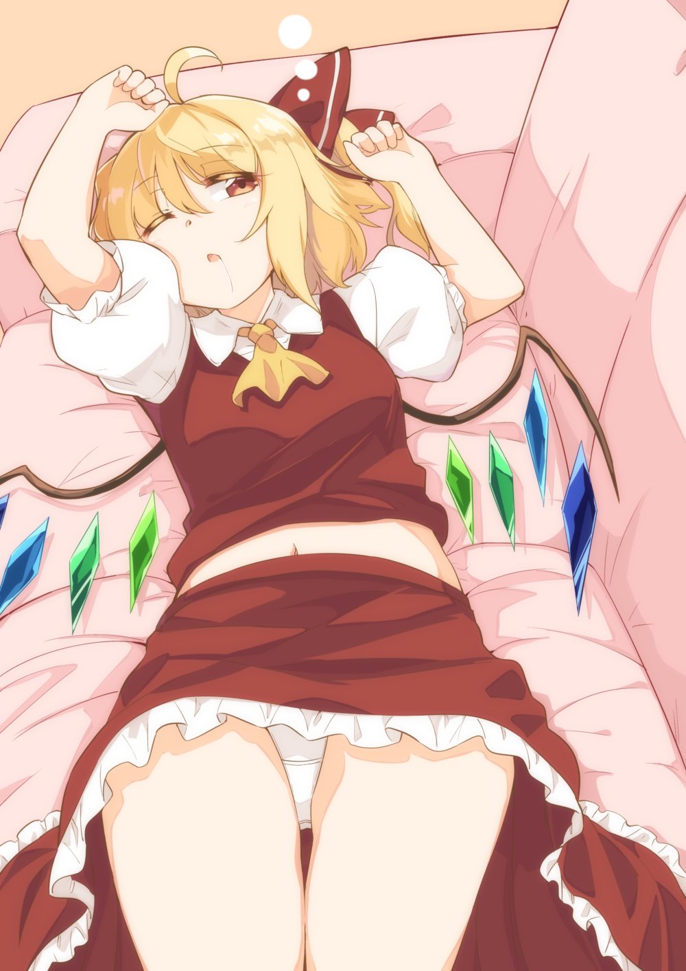 1girl ;o ahoge arms_up ascot blonde_hair bow breasts collared_shirt commentary_request couch cowboy_shot crystal drooling eyebrows_visible_through_hair flandre_scarlet hair_between_eyes hair_bow highres looking_to_the_side lying midriff moja_(moja4192) navel no_hat no_headwear on_back on_couch one_eye_closed one_side_up open_mouth orange_background panties petticoat puffy_short_sleeves puffy_sleeves red_bow red_eyes red_skirt red_vest shirt short_hair short_sleeves skirt skirt_set small_breasts solo thighs tired touhou underwear upskirt vest white_panties white_shirt wings yellow_neckwear
