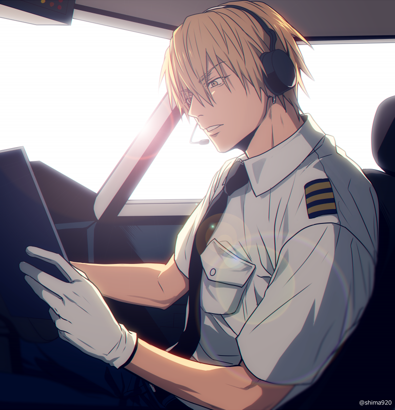 1boy airplane_interior bangs black_neckwear blonde_hair cockpit collared_shirt commentary_request earrings from_side gloves hair_between_eyes headset holding jewelry kise_ryouta kuroko_no_basuke lens_flare male_focus mashima_shima necktie pilot reading shirt short_hair short_sleeves sitting solo twitter_username upper_body white_gloves white_shirt yellow_eyes