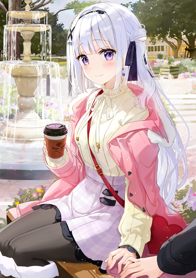 1girl bag bench between_breasts black_legwear blush breasts closed_mouth coat coffee commentary day drink earrings eyebrows_visible_through_hair flower fountain fuumi_(radial_engine) hair_ornament hair_ribbon hairband handbag holding holding_drink jewelry long_hair looking_at_viewer medium_breasts open_clothes open_coat original outdoors pantyhose pink_coat plaid plaid_skirt purple_skirt ribbed_shirt ribbon shirt silver_hair skirt smile solo_focus strap_between_breasts tree turtleneck violet_eyes x_hair_ornament yellow_shirt