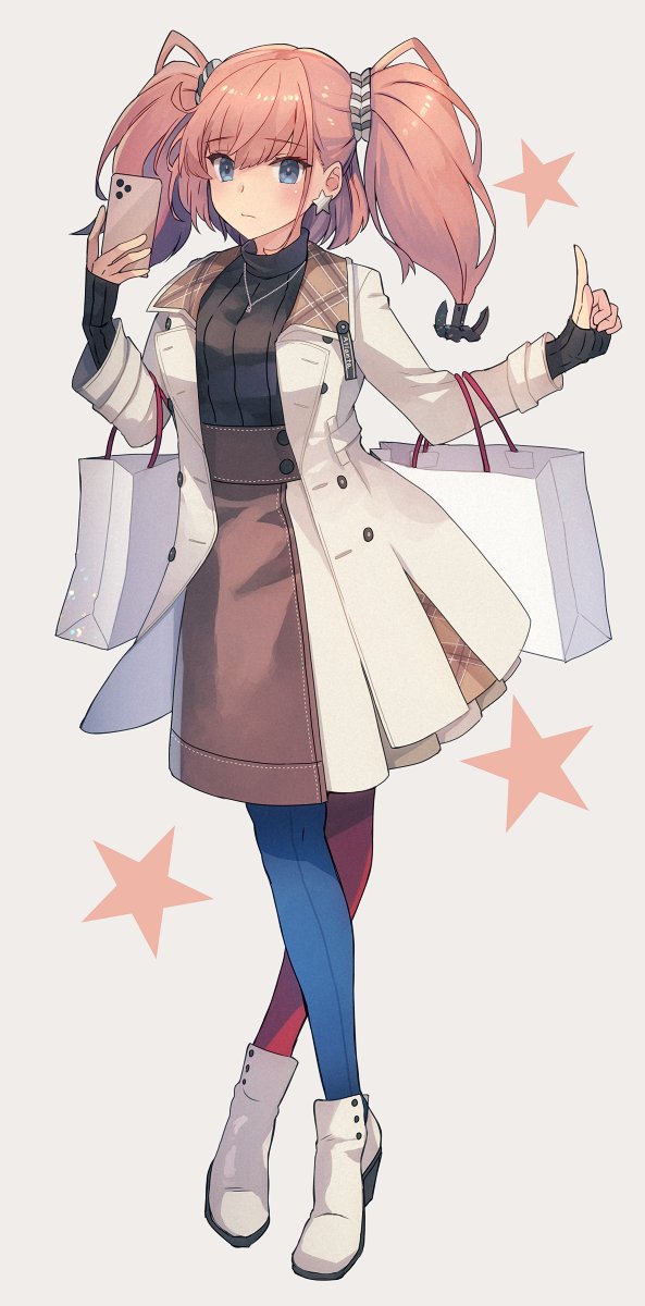 1girl anchor_hair_ornament asymmetrical_legwear atlanta_(kantai_collection) bag bangs black_swimsuit blue_eyes blue_legwear blush boots breasts cellphone crossed_legs earrings eyebrows_visible_through_hair full_body grey_background hair_ornament highres holding holding_bag holding_phone index_finger_raised jacket jewelry kantai_collection kasumi_(skchkko) large_breasts long_sleeves necklace pantyhose phone plaid red_legwear ribbed_sweater shopping_bag simple_background single_earring skirt sleeves_past_wrists smartphone solo star_(symbol) star_earrings sweater swimsuit turtleneck turtleneck_sweater two_side_up watson_cross white_footwear white_jacket