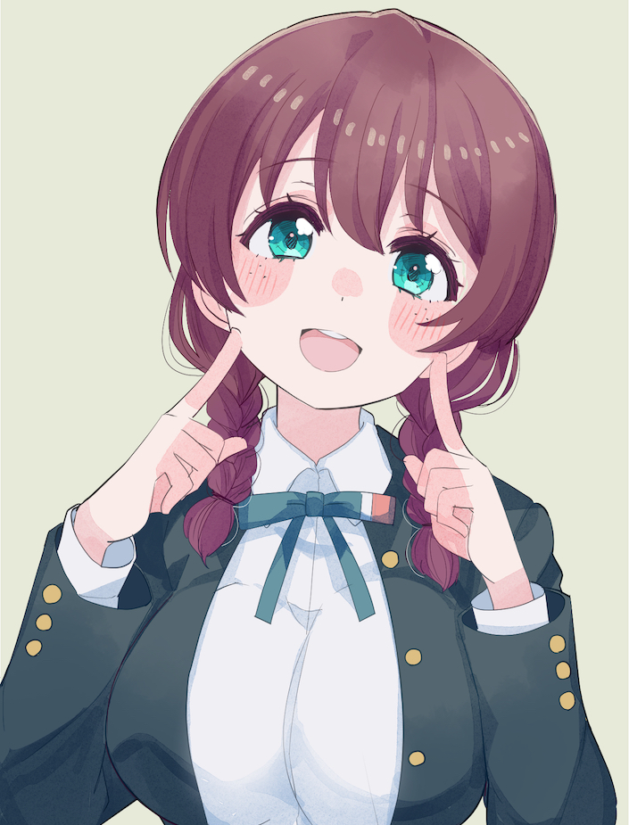 1girl :d aqua_eyes bangs black_jacket blazer blush_stickers braid breasts brown_hair buttons collared_shirt cream_(nipakupa) dress_shirt emma_verde fingers_to_cheeks freckles green_neckwear jacket large_breasts long_hair long_sleeves looking_at_viewer love_live! love_live!_nijigasaki_high_school_idol_club low_twin_braids low_twintails neck_ribbon nijigasaki_academy_uniform open_mouth ribbon school_uniform shirt simple_background smile solo twin_braids twintails upper_body white_shirt winter_uniform