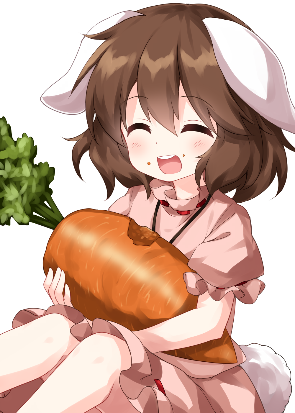 1girl ^_^ animal_ears bangs brown_hair bunny_tail carrot closed_eyes dress eating eyebrows_visible_through_hair floppy_ears food hair_between_eyes highres holding holding_food inaba_tewi open_mouth pink_dress rabbit_ears ruu_(tksymkw) short_hair short_sleeves simple_background sitting solo tail teeth touhou white_background white_tail