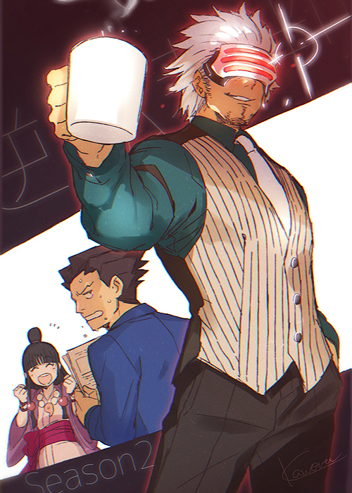 1girl 2boys :d ^_^ ayasato_mayoi bangs bead_bracelet beads black_background black_hair black_pants blue_jacket blue_shirt blue_suit blunt_bangs bracelet closed_eyes cowboy_shot cup dress_shirt facial_hair formal frown glowing goatee godot gyakuten_saiban hair_bun hand_in_pocket holding holding_cup holding_paper jacket japanese_clothes jewelry kaworu_(kaw_lov) kimono long_hair long_sleeves looking_at_another magatama multiple_boys naruhodou_ryuuichi necktie open_mouth pants paper pinstripe_pattern profile purple_kimono sash shirt short_hair signature smile sparkle striped suit sweatdrop two-tone_background upper_teeth vest visor white_background white_hair white_neckwear white_vest wide_sleeves