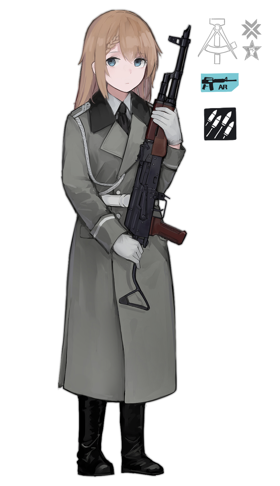 1girl ak-47 assault_rifle bangs belt black_footwear black_neckwear blue_eyes boots braid brown_hair coat collar eyebrows_visible_through_hair full_body girls_frontline gloves grey_coat gun hair_between_eyes highres holding holding_gun holding_weapon long_hair long_sleeves looking_at_viewer military military_uniform necktie original rampart1028 rifle shirt simple_background solo uniform weapon white_background white_belt white_gloves white_shirt