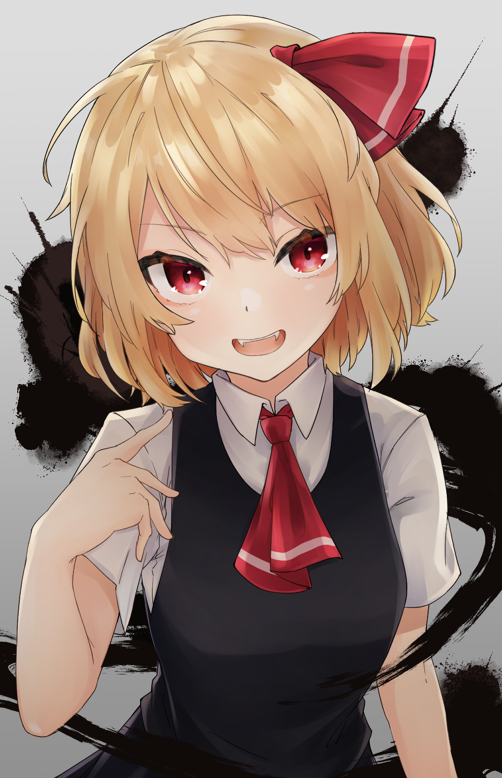 1girl ascot bangs black_vest blonde_hair breasts collared_shirt commentary_request darkness eyebrows_visible_through_hair fangs gradient gradient_background grey_background gunsou1350 hair_ribbon highres index_finger_raised looking_at_viewer medium_breasts open_mouth red_eyes red_neckwear red_ribbon ribbon rumia shirt short_hair short_sleeves smile solo touhou upper_body vest white_shirt