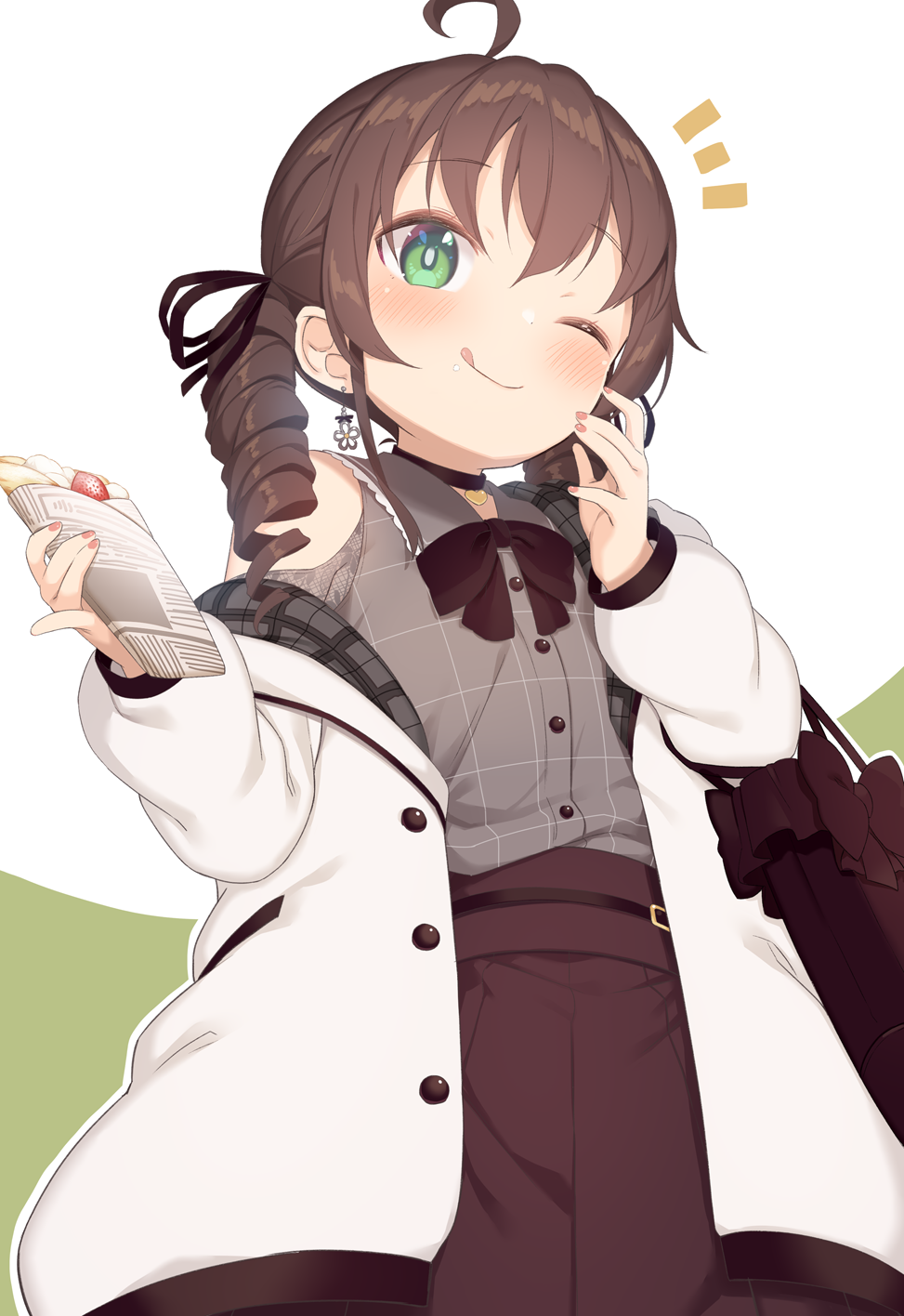 1girl ;q ahoge alternate_costume bag bangs bare_shoulders blush brown_hair brown_skirt casual closed_mouth clothing_cutout collared_shirt crepe drill_hair earrings eyebrows_visible_through_hair food green_background green_eyes grey_shirt hair_between_eyes hands_up highres holding holding_food hololive jacket jewelry long_sleeves looking_at_viewer muku_(muku-coffee) natsuiro_matsuri notice_lines off_shoulder one_eye_closed open_clothes open_jacket plaid plaid_shirt shirt shoulder_cutout skirt smile solo tongue tongue_out twin_drills twintails two-tone_background virtual_youtuber white_background white_jacket