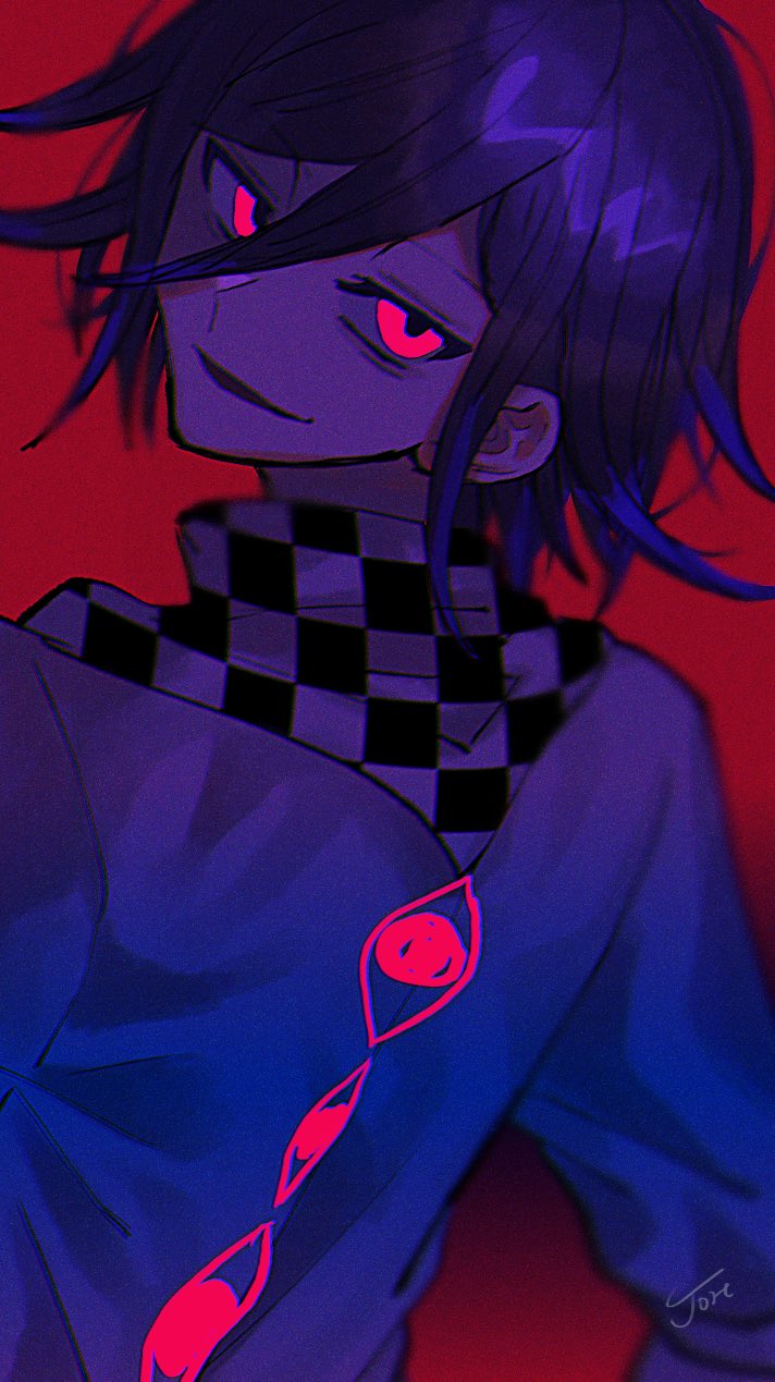 1boy bangs checkered checkered_neckwear checkered_scarf dangan_ronpa eyes from_behind hair_between_eyes head_tilt highres joh_pierrot long_sleeves male_focus new_dangan_ronpa_v3 open_mouth ouma_kokichi pink_eyes purple_hair red_background scarf signature simple_background solo straitjacket upper_body