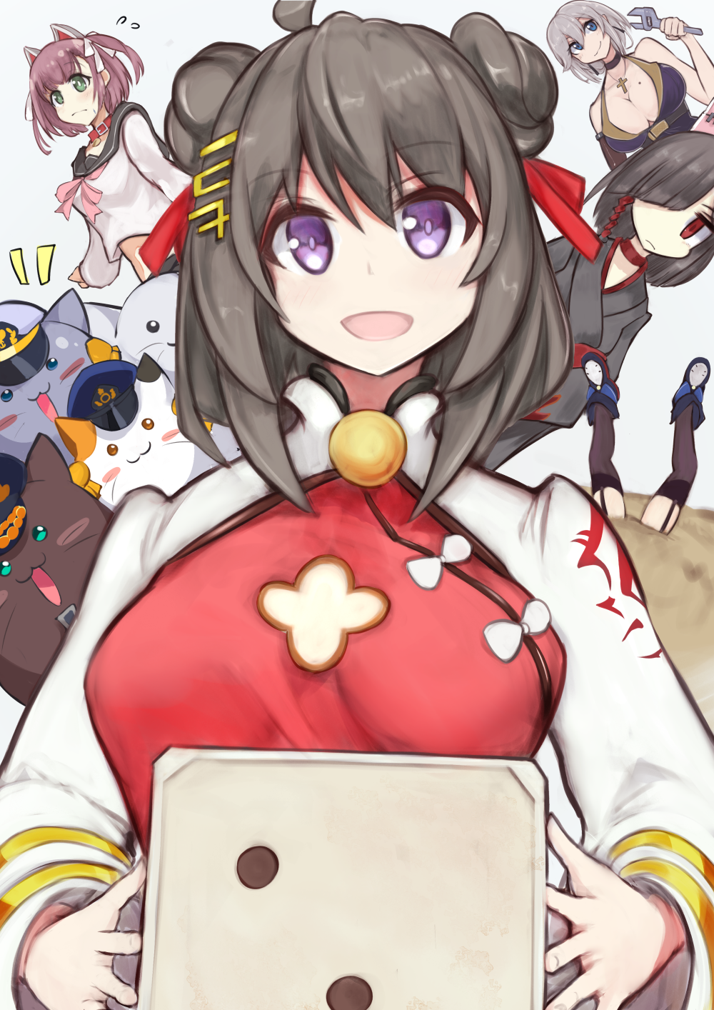 4girls animal_ears azur_lane bangs black_hair blue_eyes breasts cat_ears character_request china_dress chinese_clothes choker closed_mouth cross cross_necklace double_bun dress eyebrows_visible_through_hair fake_animal_ears green_eyes grey_hair hair_between_eyes hair_ornament hair_over_one_eye hairclip highres holding jewelry looking_at_viewer marshall_k medium_breasts medium_hair multiple_girls necklace one_eye_covered open_mouth pink_hair red_choker red_eyes silver_hair smile tai_yuan_(azur_lane) upper_body violet_eyes white_background