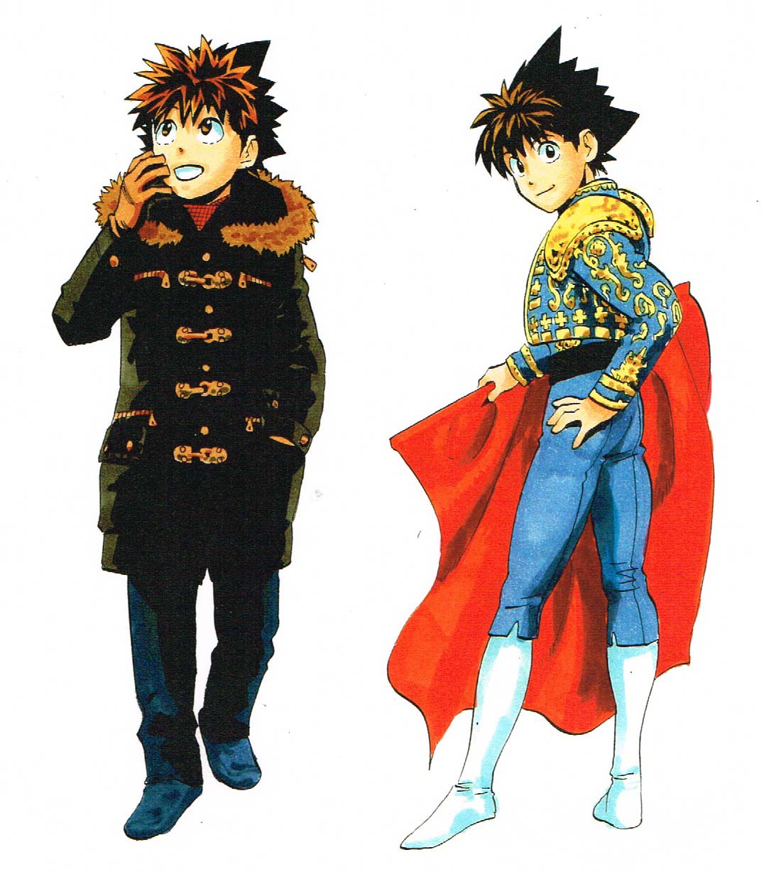 1boy :d blue_pants boots brown_eyes brown_hair bullfighting closed_mouth coat costume eyeshield_21 gloves green_coat hand_in_pocket hand_on_hip hand_up highres holding kobayakawa_sena looking_at_viewer looking_back looking_up male_focus multiple_views murata_yuusuke official_art open_mouth pants scan shoes smile spiky_hair traditional_media winter_clothes winter_coat