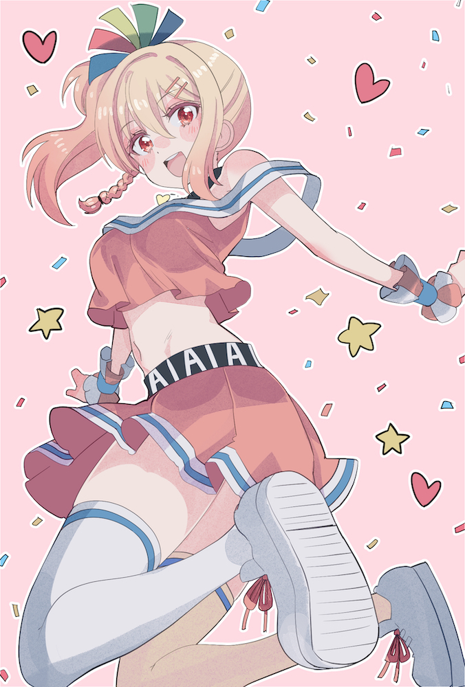 1girl :d bangs bare_arms blonde_hair blush_stickers braid cheerleader confetti cream_(nipakupa) crop_top gyaru hair_ornament hairclip half_updo heart heart_background jumping looking_at_viewer love_live! love_live!_nijigasaki_high_school_idol_club medium_hair midriff miniskirt miyashita_ai navel open_mouth orange_eyes pink_background pleated_skirt red_skirt red_tank_top shoes side_braid sidelocks skindentation skirt smile sneakers solo strap_slip tank_top thigh-highs upper_teeth white_legwear wrist_cuffs