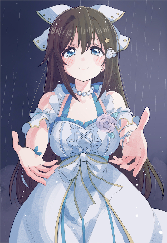 1girl arm_garter bangs blue_eyes blush bow breasts brown_hair closed_mouth collarbone corsage cowboy_shot cream_(nipakupa) cross-laced_clothes dress dress_flower flower hair_between_eyes hair_bow hair_ornament jewelry long_hair looking_at_viewer love_live! love_live!_nijigasaki_high_school_idol_club necklace ousaka_shizuku outstretched_arms pearl_necklace rain reaching_out rose seashell_hair_ornament sidelocks sleeveless sleeveless_dress smile solo star_(symbol) star_hair_ornament tearing_up white_dress