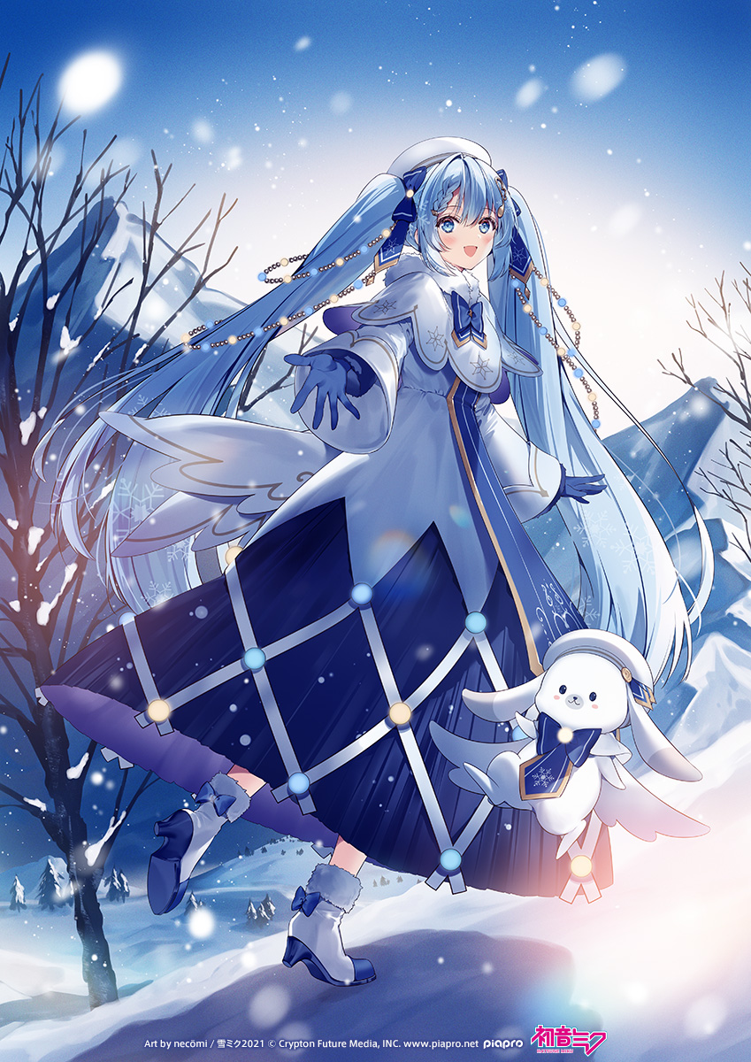 1girl 1other beret blue_bow blue_dress blue_gloves blue_sky blue_tabard blush_stickers boots bow bowtie capelet commentary crypton_future_media dress from_side full_body fur-trimmed_boots fur-trimmed_capelet fur_trim gloves gold_trim hair_bow hat hatsune_miku highres hill light_blue_eyes light_blue_hair looking_at_viewer mountain necomi official_art open_mouth outstretched_arm piapro rabbit rabbit_yukine running sky smile snowflake_print snowing treble_clef tree vocaloid white_capelet white_dress white_footwear winter yuki_miku yuki_miku_(2021)