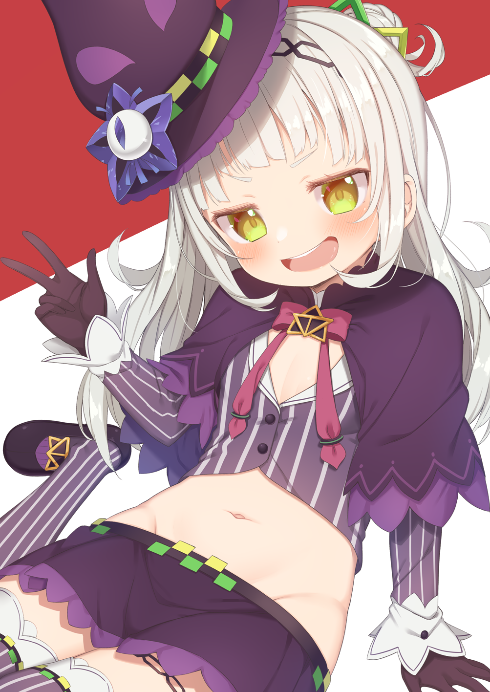 1girl :d arm_support bangs black_footwear black_gloves black_headwear black_skirt blush crop_top double_bun gloves grey_legwear grey_shirt groin hand_up hat highres hololive looking_at_viewer midriff muku_(muku-coffee) murasaki_shion navel open_mouth red_background shirt shoes silver_hair skirt smile solo striped striped_legwear striped_shirt thigh-highs tilted_headwear two-tone_background upper_teeth v-shaped_eyebrows vertical-striped_legwear vertical-striped_shirt vertical_stripes virtual_youtuber w white_background witch_hat yellow_eyes