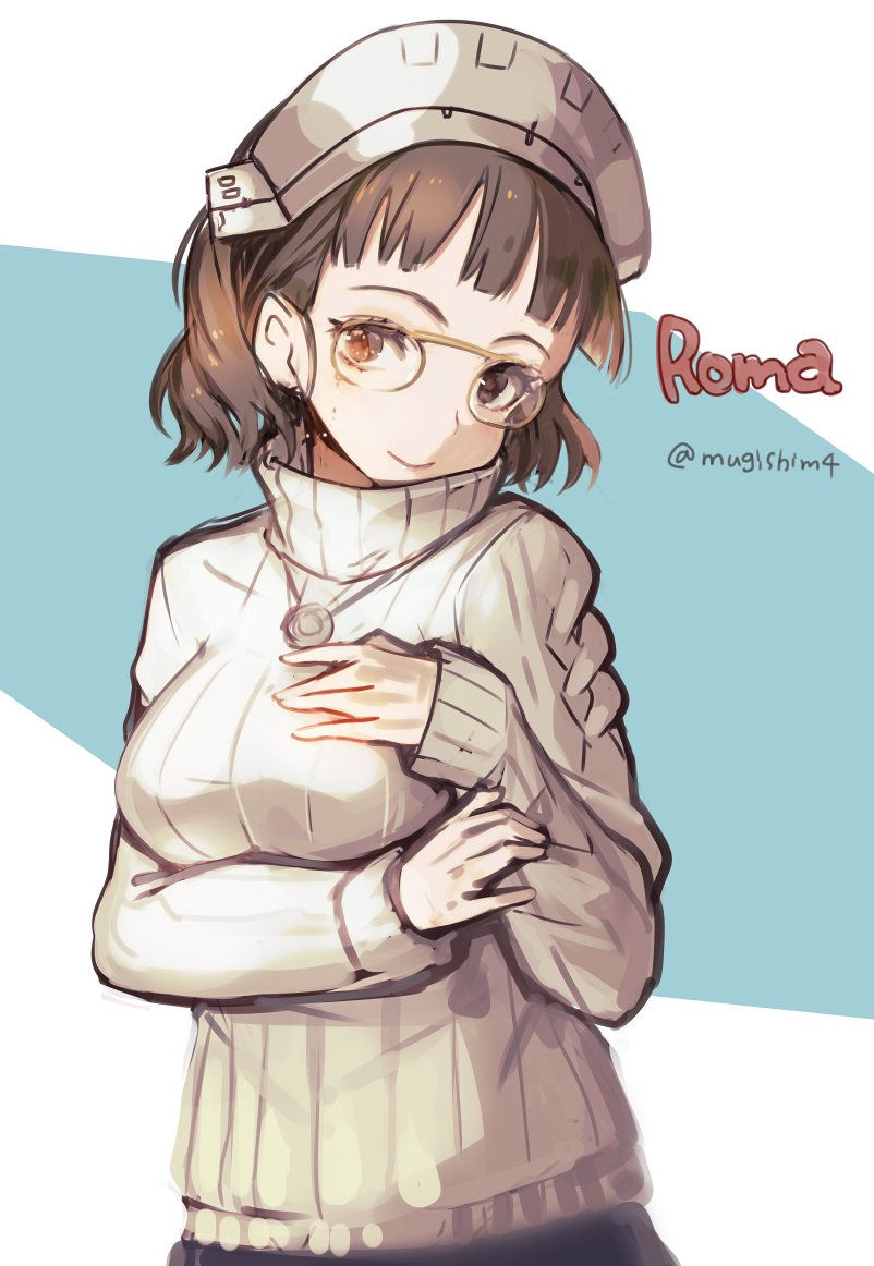 1girl alternate_costume bangs breasts brown_eyes brown_hair character_name glasses headdress jewelry kantai_collection long_sleeves mugishima_(mugishim4) necklace pince-nez ribbed_sweater roma_(kantai_collection) short_hair simple_background smile solo sweater turtleneck turtleneck_sweater twitter_username two-tone_background white_sweater