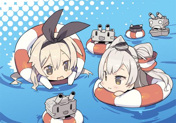 &gt;_&lt; 2girls :3 :d amatsukaze_(kantai_collection) anchor_hair_ornament black_hairband blade_(galaxist) blonde_hair blush blush_stickers brown_eyes chibi commentary_request elbow_gloves gloves hair_ornament hair_tubes hairband halftone halftone_background innertube kantai_collection lifebuoy long_hair multiple_girls o_o open_mouth partially_submerged rensouhou-chan rensouhou-kun shimakaze_(kantai_collection) silver_hair smile turret two_side_up upside-down water white_gloves |_|