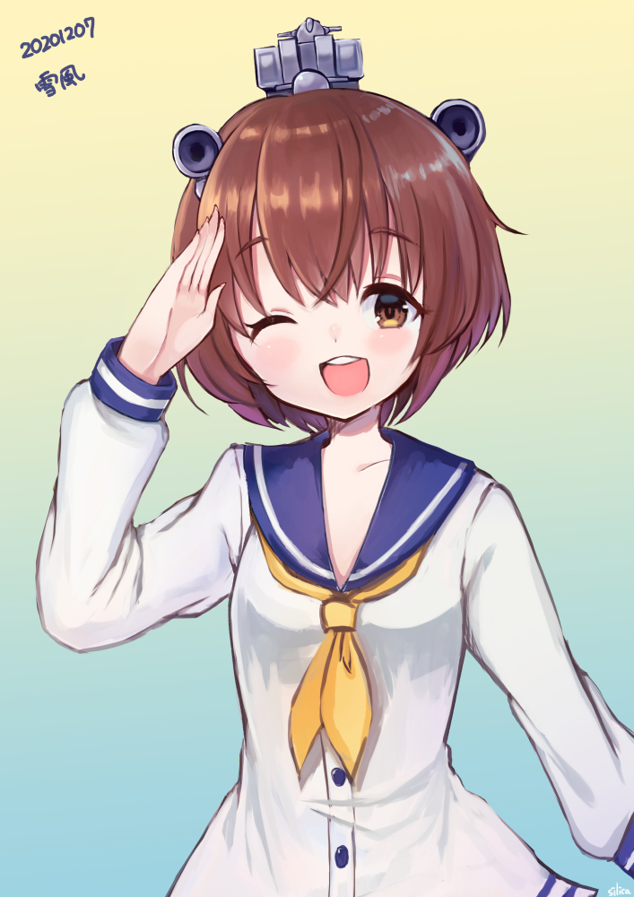 1girl binoculars brown_eyes brown_hair character_name dated dress headgear headset kantai_collection looking_at_viewer neckerchief one_eye_closed open_mouth round_teeth sailor_dress salute short_hair silica_(silica_silylate) solo speaking_tube_headset teeth upper_teeth yellow_neckwear yukikaze_(kantai_collection)