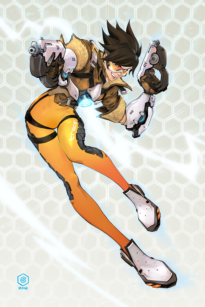 1girl aiming bodysuit bomber_jacket brown_gloves brown_hair chest_harness dual_wielding english_commentary finger_on_trigger gloves goggles gun harness holding jacket leather leather_jacket long_legs machine_pistol manos_lagouvardos orange-tinted_eyewear orange_bodysuit orange_goggles overwatch shoes short_hair skin_tight sleeves_pushed_up sneakers solo spiky_hair thigh_gap tracer_(overwatch) upper_teeth weapon white_footwear
